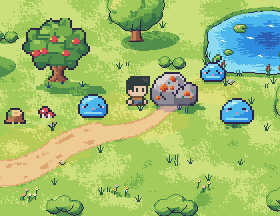 Hana stands beside a copper ore in a pixel meadow, with a fruit tree and three slimes around her.