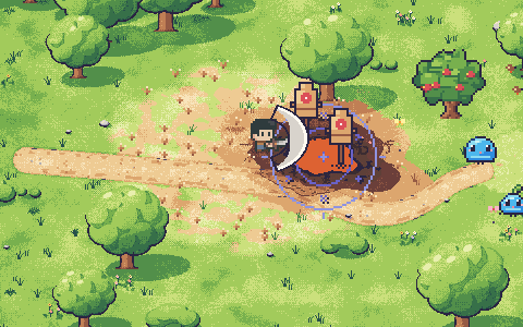 Hana on a pixel storybook meadow with a pond, a fruit tree and a dry grassy slope.